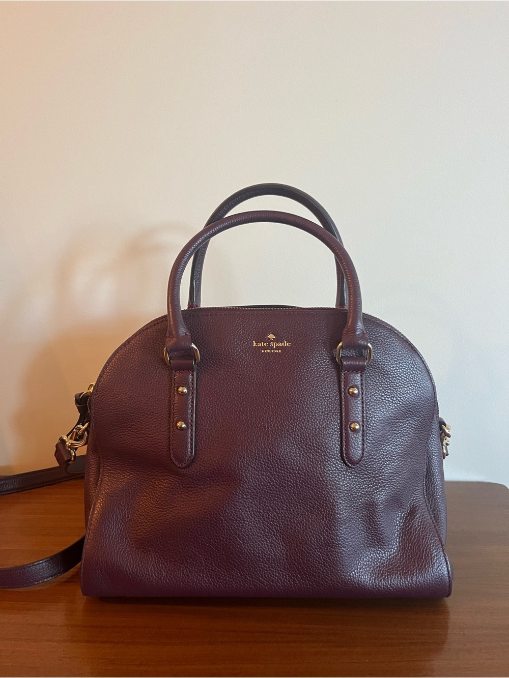 kate spade Deep Plum Pebbled Leather Satchel with Gold Hardware